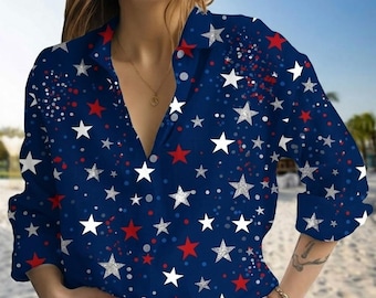 USA Anniversary Blouse Shirt, Anniversary Independence Day Women Shirt, Patriotic Star Blouse Long Sleeve Shirt, 4th Of July Gift