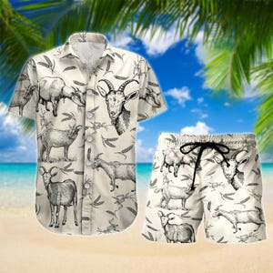 Könnte beinhalten: Beige Hemd und Shorts Set mit schwarz-weißen Ziegenillustrationen und Weizenähren. Die Shorts haben einen schwarzen Kordelzug. Dieses lässige Set ist ideal für ein entspanntes Outfit am Strand. Das Hemd hat ein Knopfdesign.