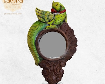 Hand Carved Parrot Mirror, Ethnic Painted Wood Wall Hanging