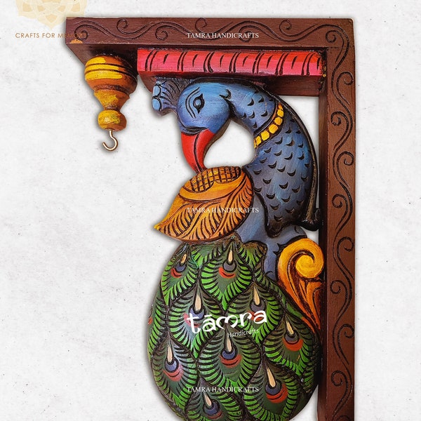 Hand Painted Peacock Wood Corbel Wall Shelf Bracket, Indian Art (Set of 2)