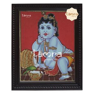 Butter Krishna -Tanjore Painting - Bal Gopal, Krishna Wall Art, Krishna Painting, Krishna Photo, Pure Gold Foil Tanjore Painting Krishna