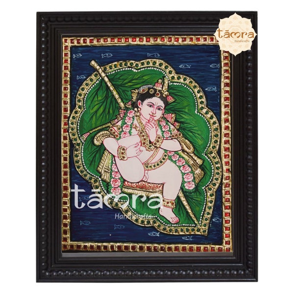 Tanjore Painting - Bal Gopal on Leaf, Krishna Wall Art, Krishna Painting, Butter Krishna, Krishna Painting, Krishna Photo Frame