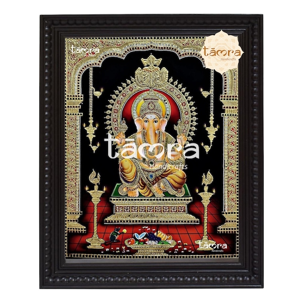 Traditional Indian Tanjore Painting of Lord Ganesha - Perfect for Religious Home Decor, Ganesha Photo, Ganesha Painting, Tanjore Painting