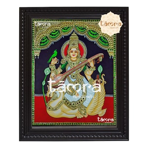 Handmade Tanjore Painting - Saraswathi in Traditional Indian Art, Tanjore Painting - Saraswati Wall Painting, Indian Art, Saraswathi Photo,