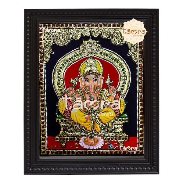 Tanjore Painting - Ganesha, Ganesha Wall Painting, Ganesha Painting, Indian God, Indian Wall Art, Ganesha Photo, Free Shipping