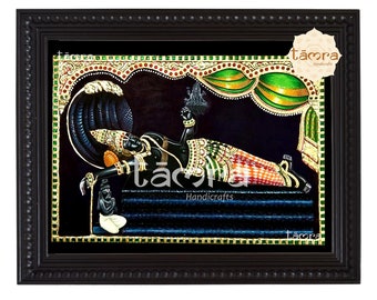 Pintura Tanjore hecha a mano: Vishnu reclinado con pan de oro.