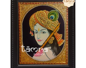 Pintura Tanjore hecha a mano: Krishna con flauta, pan de oro y marco de madera de teca.