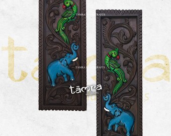 Hand Carved Elephant Wall Panel Pair, Indian Wood Decor, Ethnic Art