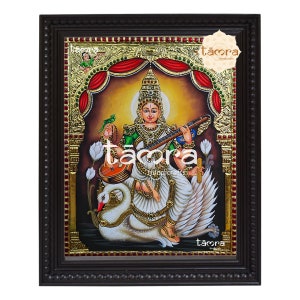 Tanjore Painting - Saraswati Wall Art, Saraswathi Wall Painting, Saraswathi Painting, Saraswathi Photo, Free Shipping, India Art, Hindu God
