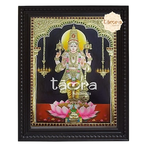 Tanjore Painting - Vishnu Standing, Vishnu Tanjore Painting, Pure Gold Foil Tanjore Painting, Vishnu On Lotus