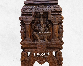 Hand Carved Temple Ganesha Wall Panel, Indian Pooja Room Decor