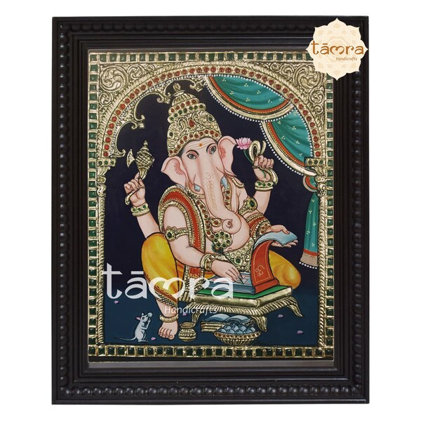 Lord Ganesha Tanjore Painting - Perfect for Spiritual Gift Giving - Free International Delivery - Ganesha Writing Painting Mahabharata