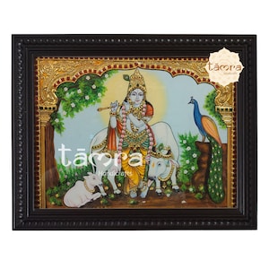 Tanjore Painting - Cow Krishna, Krishna Painting, Cow Krishna Wall Decor, Cow Krishna Photo, Free International Shipping, Indian Art