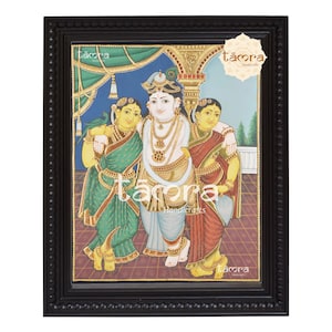 Tanjore Painting - Krishna With Rukmini And Satyabhama, Krishna Painting, Krishna Photo, Pure Gold Leaf Tanjore Painting, Free Shipping