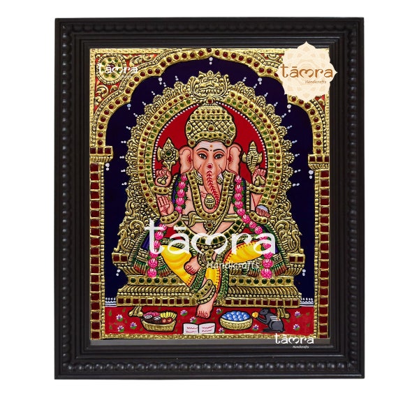 Handmade Tanjore Painting - Ganesha in Traditional Indian Art, Tanjore Painting - Ganesha, Ganesha Wall Painting, Ganesha Painting