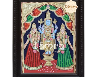 Pintura de Vishnu de Tanjore: pan de oro, Sri Devi y Bhu Devi.