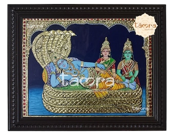 Pintura de Tanjore - Vishnu reclinado con Sridevi y Bhudevi
