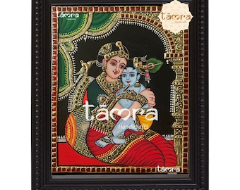 Pintura Tanjore de Yasodha Krishna hecha a mano - Arte tradicional indio