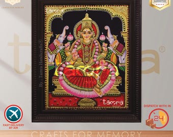 タンジョール絵画：ラクシュミ女神、金箔のヒンドゥー教美術（15x18x1.8インチ）