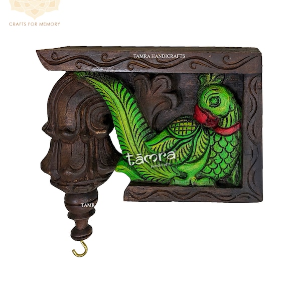 Hand Carved Parrot Corbel, Painted Wood Wall Bracket, Set of 2