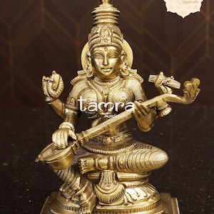 Panchaloha Saraswathi Deity - Handmade Hindu Goddess Murti for Worship: Buy Saraswathi Idol, Hoysala Style Saraswathi Idol, Free Shipping