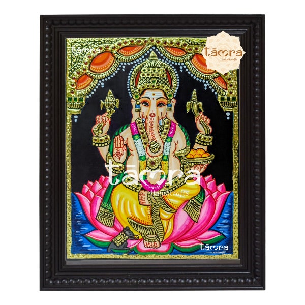 Tanjore Painting of Lord Ganesha - Traditional Indian Wall Art, Tanjore Painting - Ganesha, Ganesha Painting, Ganesha on Sitting on Lotus