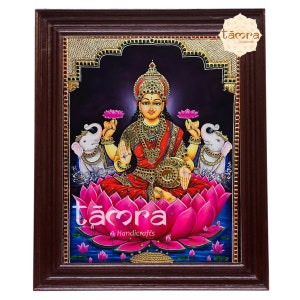 Pintura Tanjore - Deusa Laxmi sentada em lótus (Gaja Laxmi), Pintura de parede Laxmi, Pintura Laxmi, Pintura Gaja Laxmi