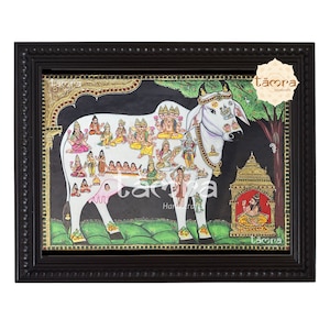 Kamdhenu Tanjore Painting, Cow Calf Tanjore Painting, Kamdhenu Painting, Kamdhenu Cow, Cow Painting, Thanjavur Painting, Indian Art