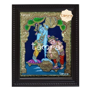 Butter Krishna - Tanjore Painting - Bal Gopal, Krishna Wall Art, Krishna Painting, Krishna Photo, Pure Gold Foil Tanjore Painting Krishna