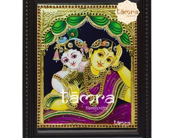 Pintura de Tanjore - Yashoda Krishna con pan de oro y marco de madera de teca