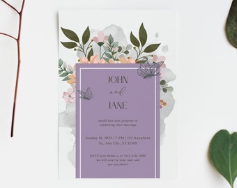 Editable Floral Invitation Card, Cute/Simple Flowers, Instant Digital Invitation, Purple Invitation Template, Editable Printable Download