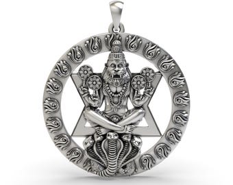 Narasimha Yantra Pendant – 925 Sterling Silver | Sudarshana Chakra Round Medallion with Shatkona, Protection Amulet