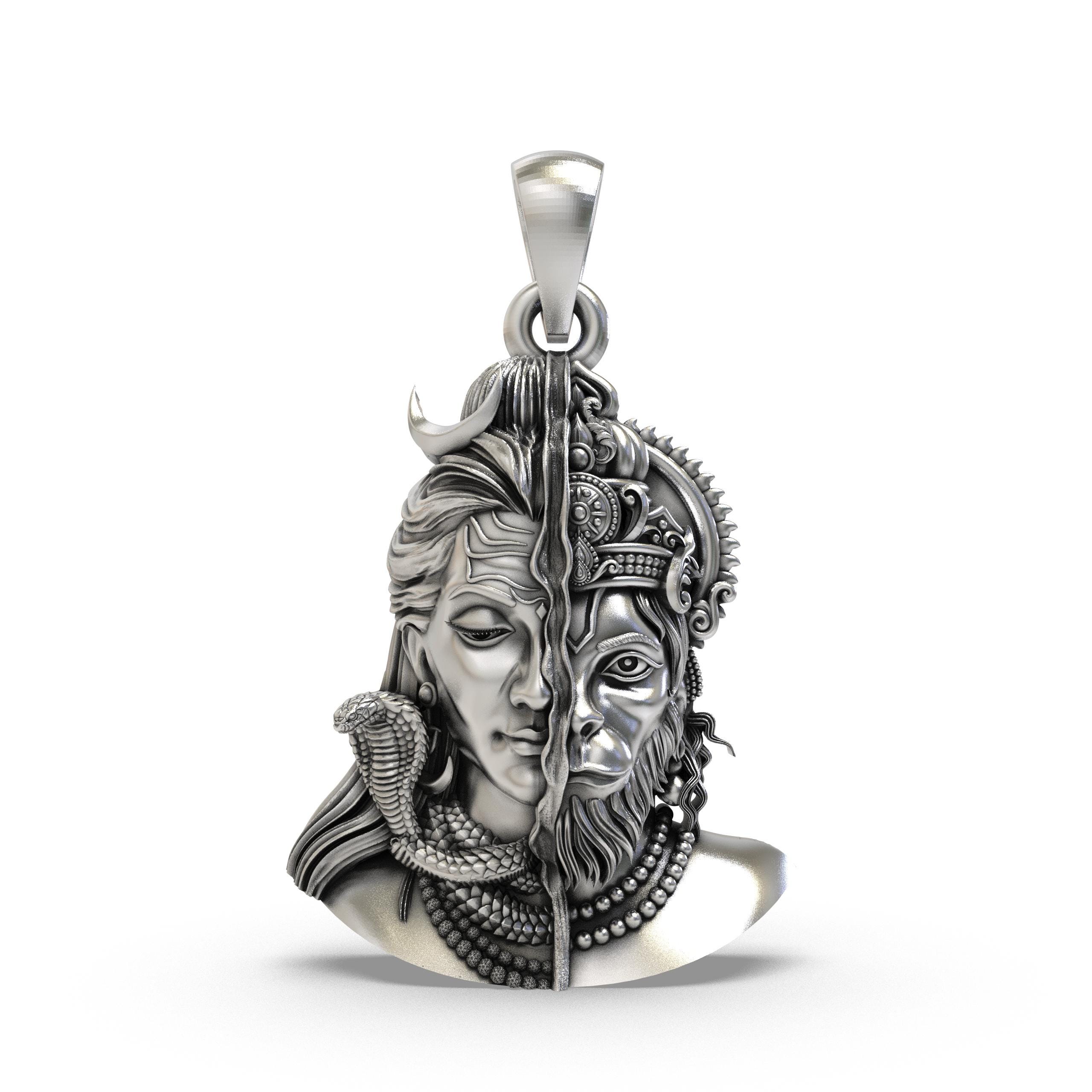 Oxidized Sterling Silver Shiva Hanuman Pendant: Ardhanari Veer