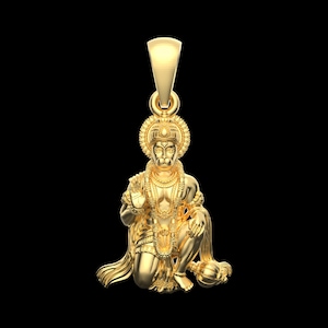 Gold Sitting Hanumanji Pendant | Bajrangbali Murti Locket | Hindu Spiritual Jewelry | Lord Hanuman Pendant | Mahavir Hanuman Blessings