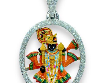 Sterling Silver Dwarkadhish Pendant: Diamond Hindu Deity Necklace with Mina Work