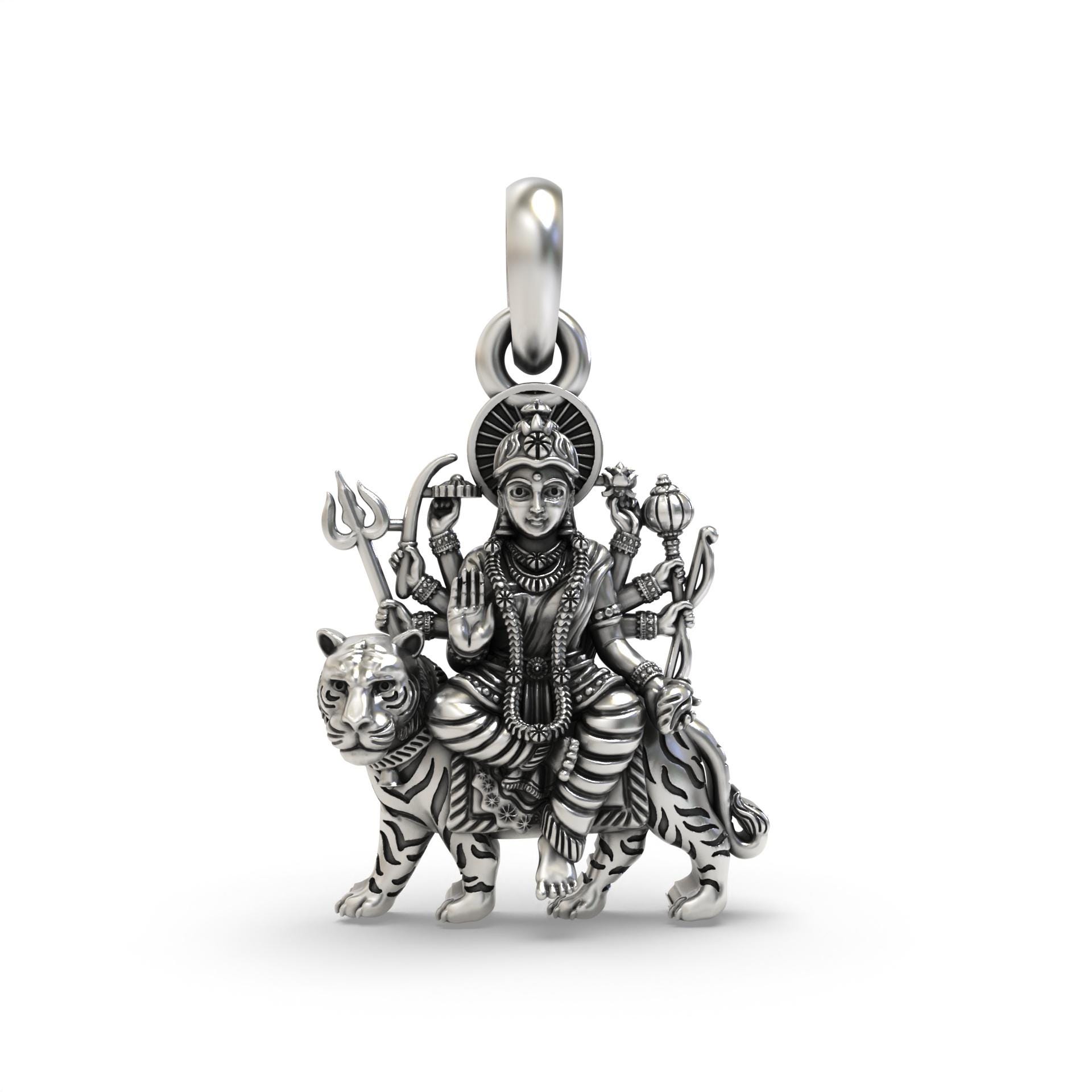 925 Silver Ambe Maa Pendant, Oxidized Hindu Goddess Devotional