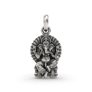 Handmade 925 silver Ganeshji in Singhasan pendant with oxidized antique finish for Hindu devotional jewelry