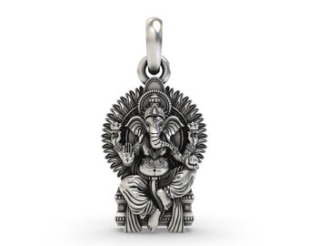 925 Silver Ganeshji Singhasan Pendant, Handmade Oxidized Deity Locket