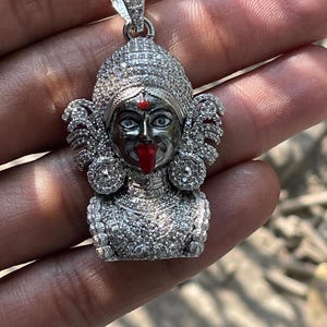 Kali Maa Pendant in 925 Silver – Full Diamond Studded | Meena Work Hindu Jewelry | Goddess Kali Necklace | Spiritual Gift for Her