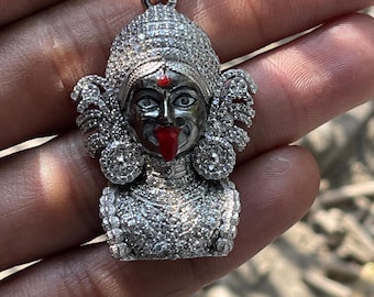 Diamond Kali Maa Pendant: 925 Silver Meena Work Hindu Necklace