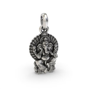 Close-up of Ganeshji Singhasan locket in sterling silver with antique oxidized detailing and hollow back design
Tradition