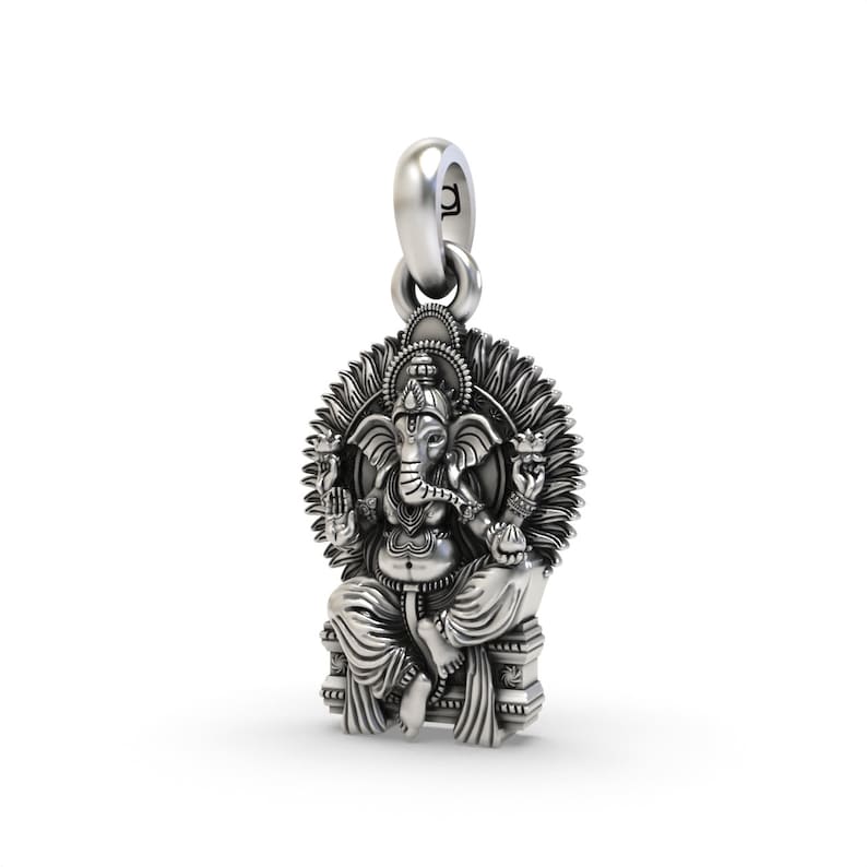 Oxidized sterling silver Lord Ganesha locket seated on royal Singhasan for puja, temple visits, and daily wear