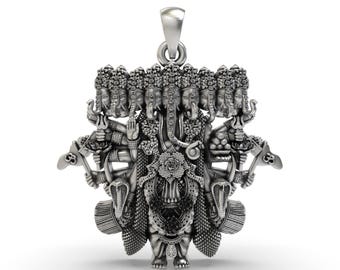 925 Sterling Silver Nine-Headed Ganesha Pendant: Handmade Hindu Amulet