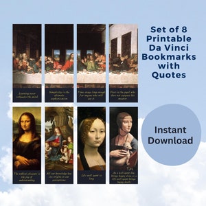 Leonardo Da Vinci Arte Imprimible Marcadores Set Libro Amante Regalo Da Vinci Citas Conjunto de 8 Marcadores Accesorios de Libro Mona Lisa La Última Cena