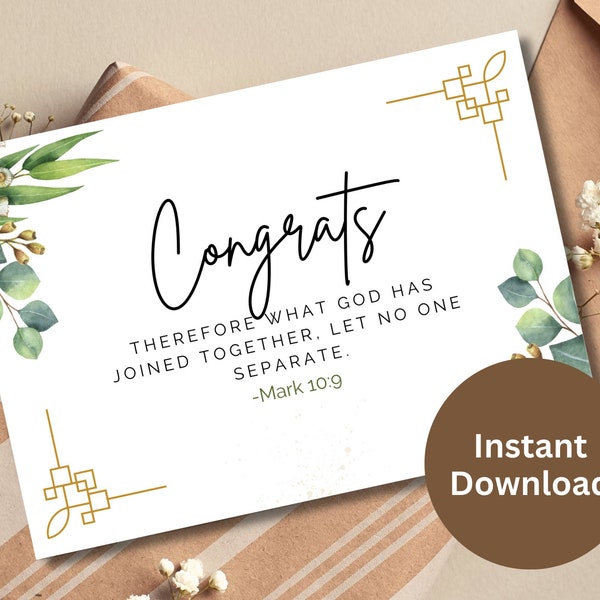 Wedding Congrats Printable Card Engagement Gift Congratulations Card Christian Bible Verse Wedding Card Just Married Printable Mark 10:9