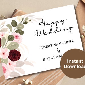 Carte de félicitations de mariage personnalisée modifiable, cadeau de fiançailles imprimable, carte de félicitations, carte de mariage élégante florale, nouvelle mariée