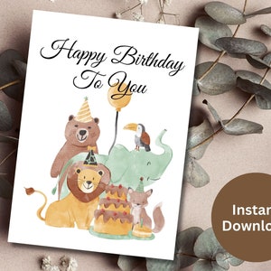 Linda tarjeta de cumpleaños de animales en acuarela, deseos de cumpleaños imprimibles para el regalo de cumpleaños de los niños, feliz cumpleaños para ti