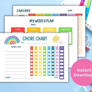 Bundle 14 pages Kids Rainbow Chore Chart Printable Schedule Daily Responsibility Chart Homeschool Weekly Planner To Do List Calender Planner