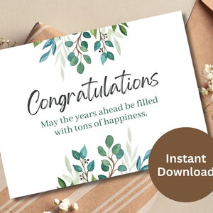 Cartão de parabéns para casamento, impressão de folhas em aquarela, tema feliz casamento para recém-casados, presente de casamento