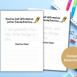 Positive Selbstbestätigung Letter Tracing Worksheets Printable Für Kinder A4 A5 Größe Arbeitsblatt Digitaler Download Alphabet Tracing